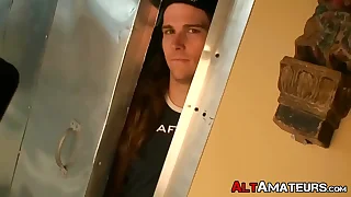 Glum tattooed amateur jock jerks off while voyeur watches